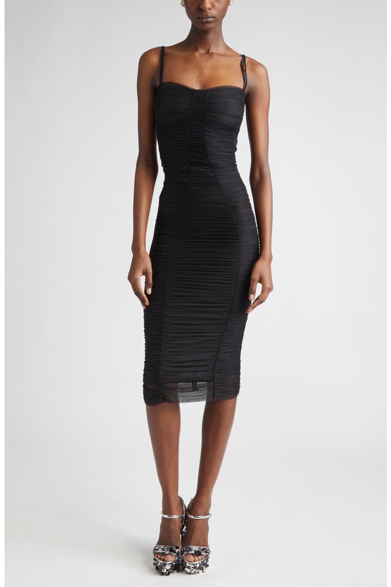 Sheer Ruched Mesh Midi Dress, Main, color, N0000 NERO