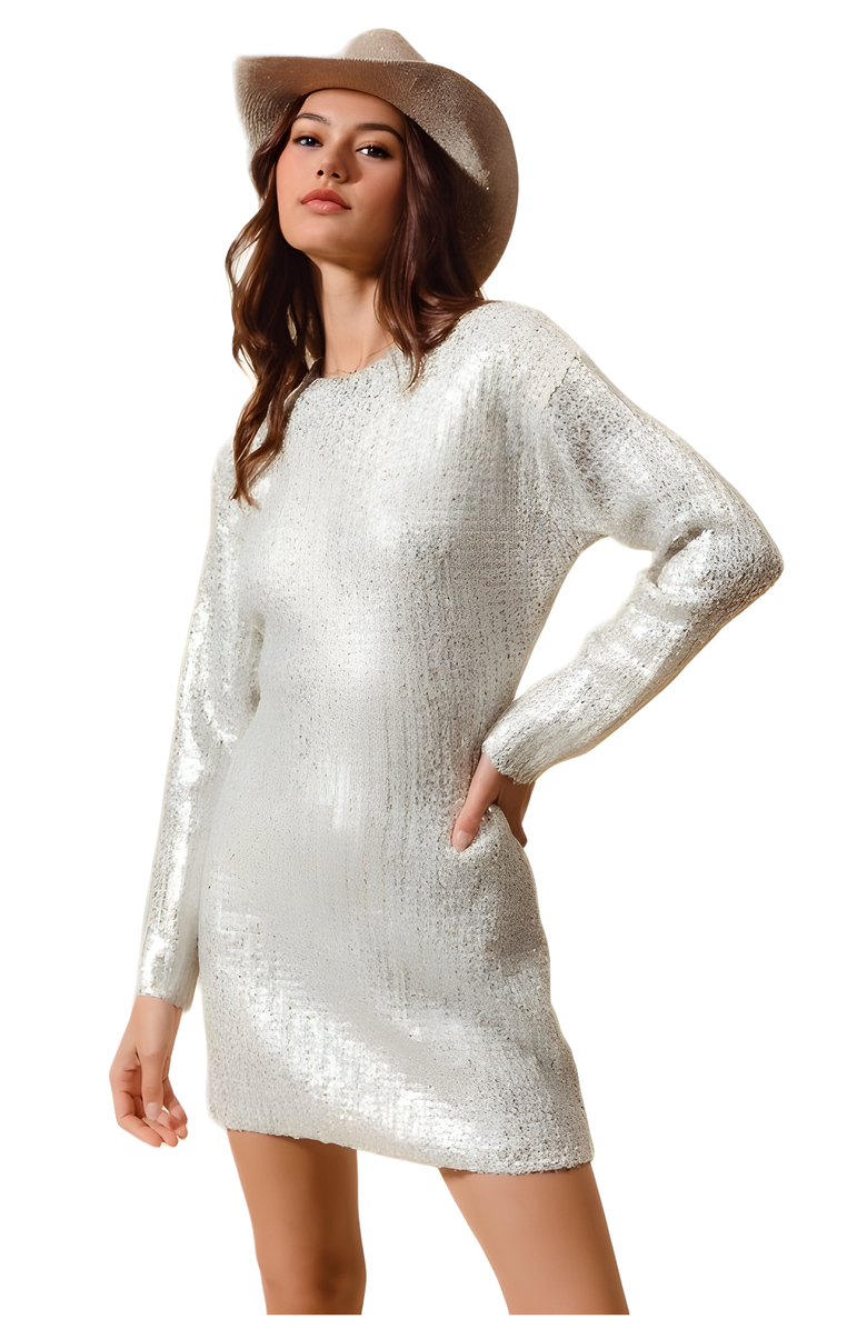 Knit and Lounge Long Sleeve Sequin Mini Dress with Crew Neckline, Alternate, color,