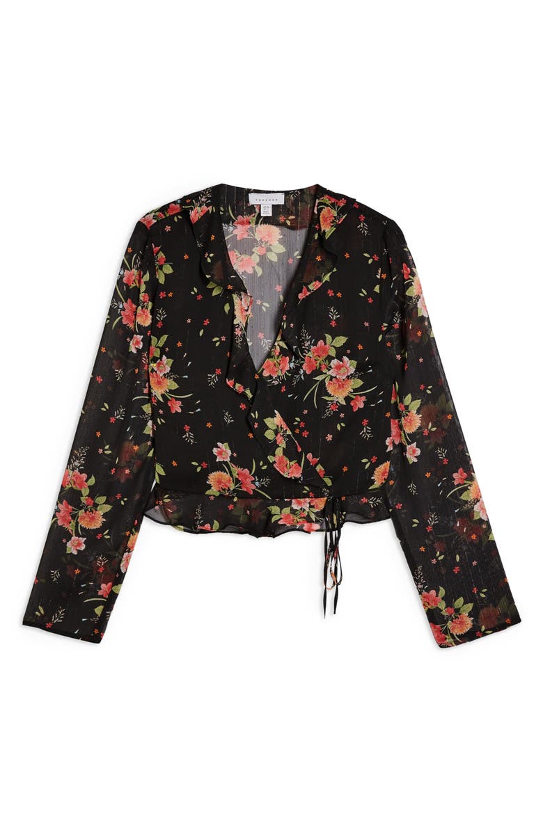 Topshop Floral Print Sheer Wrap Blouse, Alternate, color,