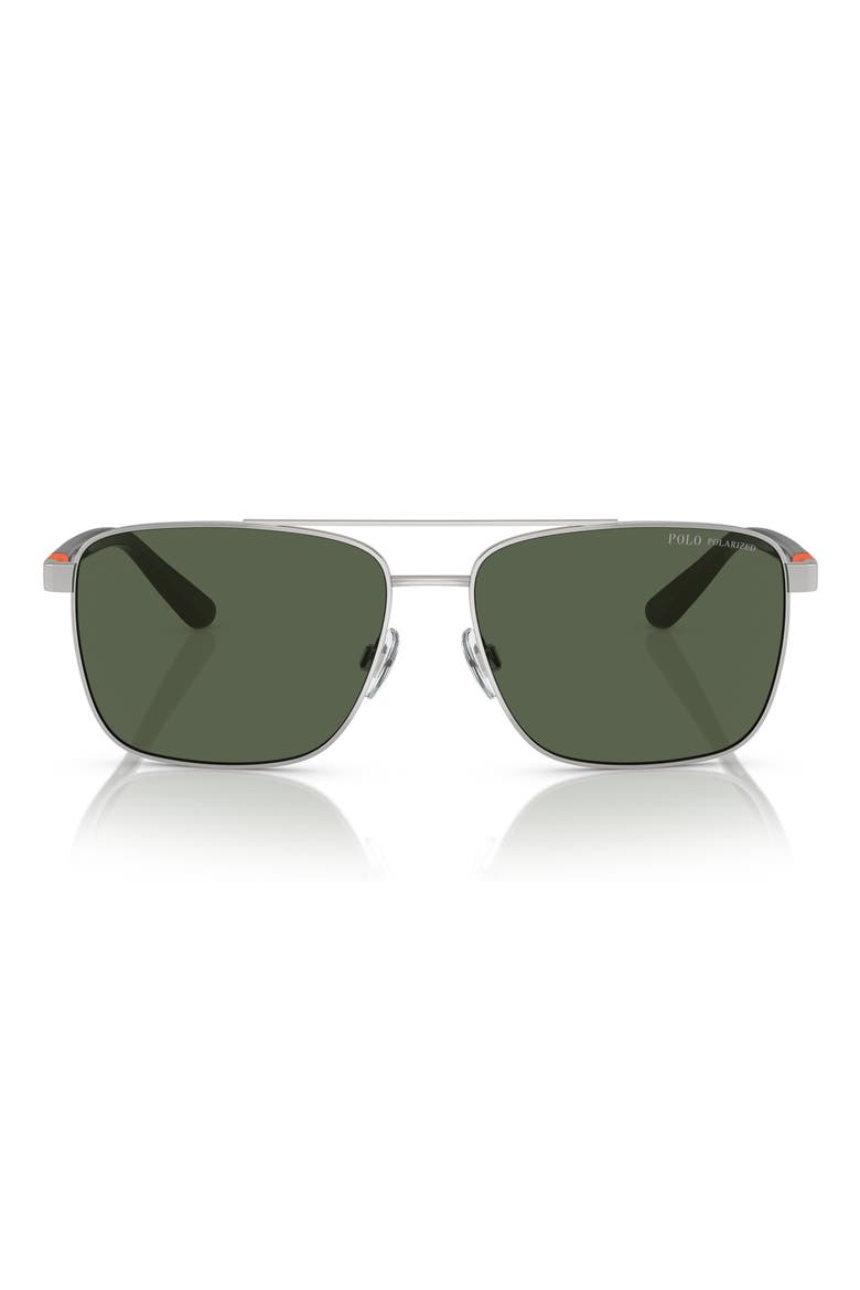59mm Polarized Pillow Sunglasses, Main, color, SHINY SILVER / BOTTLE GREEN