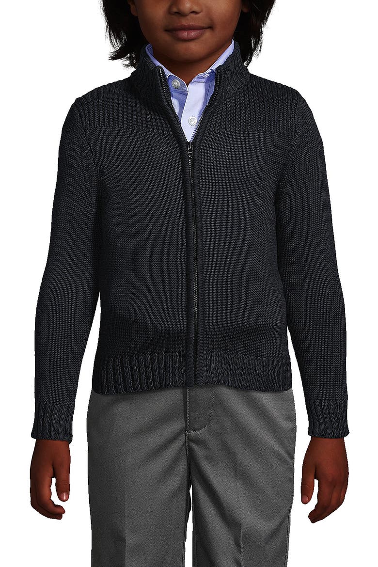 School Uniform Boys Cotton Modal Zip Front Cardigan Sweater, Main, color, Black