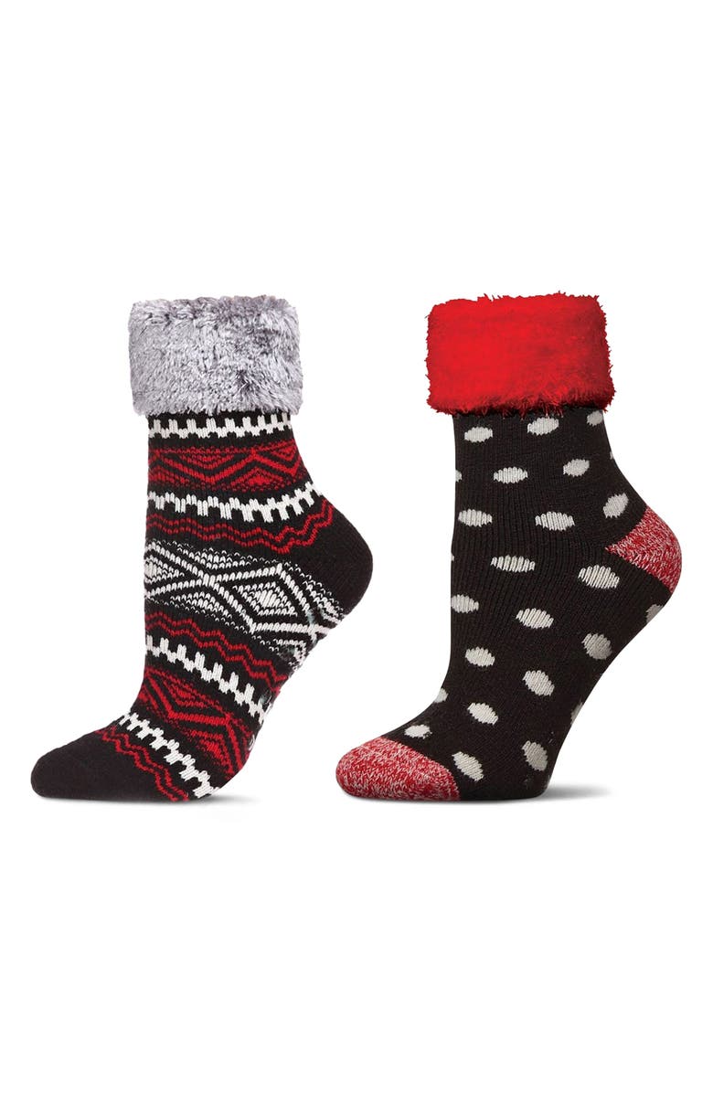 MeMoi Assorted 2-Pack Faux Fur Trim Nonslip Crew Socks, Main, color, Black/ Black