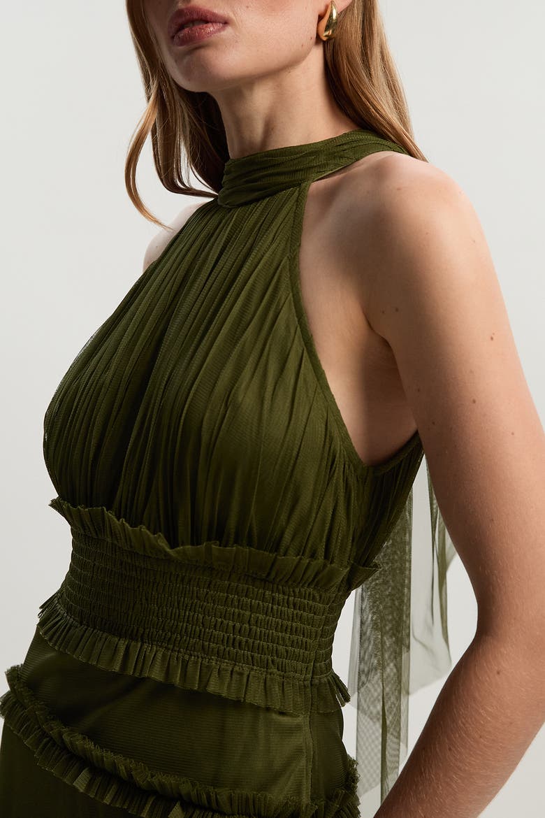 Tulle Layered Halter Neck Maxi Dress, Alternate, color, Khaki