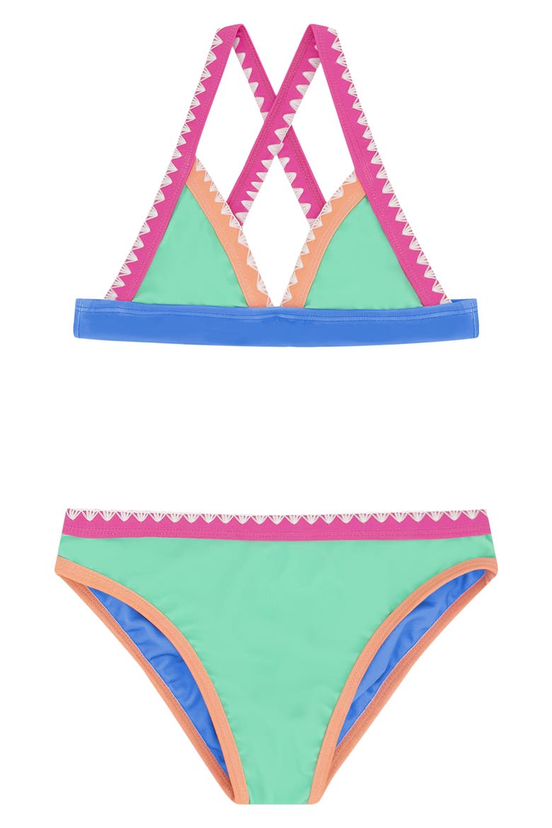 Kids' Coastline Whipstitch Trim UPF 50+ Two-Piece Swimsuit, Main, color, FLORA GREEN
