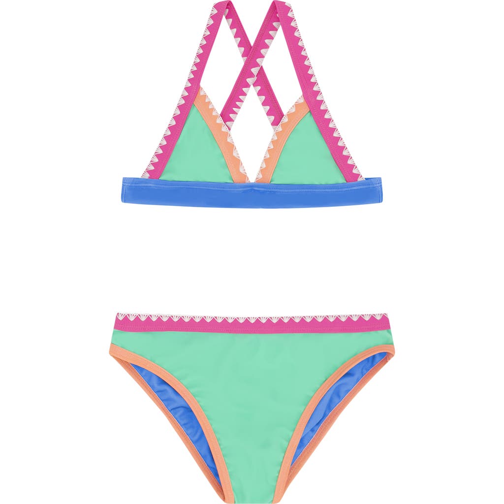 Feather 4 Arrow Kids' Coastline Whipstitch Trim Upf 50+ Two-piece Swimsuit In Green
