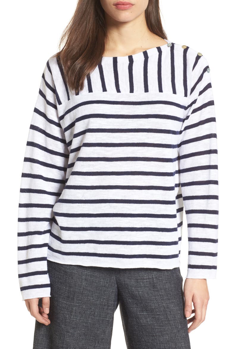 Stripe Organic Linen & Cotton Sweater, Main, color, WHITE MIDNIGHT