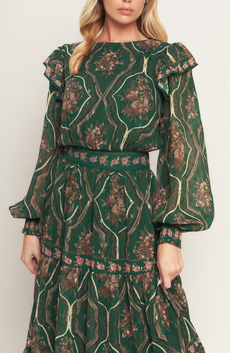 FLYING TOMATO Floral Long Sleeve Tiered Maxi Dress, Alternate, color, Green