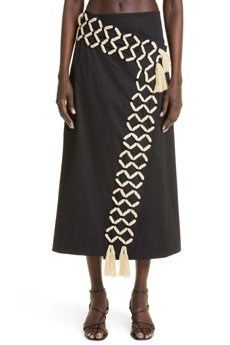 Del Mar Rope Trim Wrap Midi Skirt, Main, color, BLACK