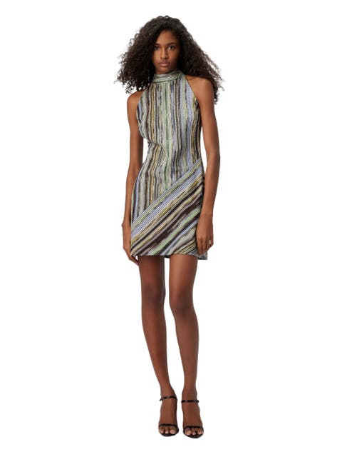 Sleeveless Mini-dress In Striped Lamé Slub Viscose