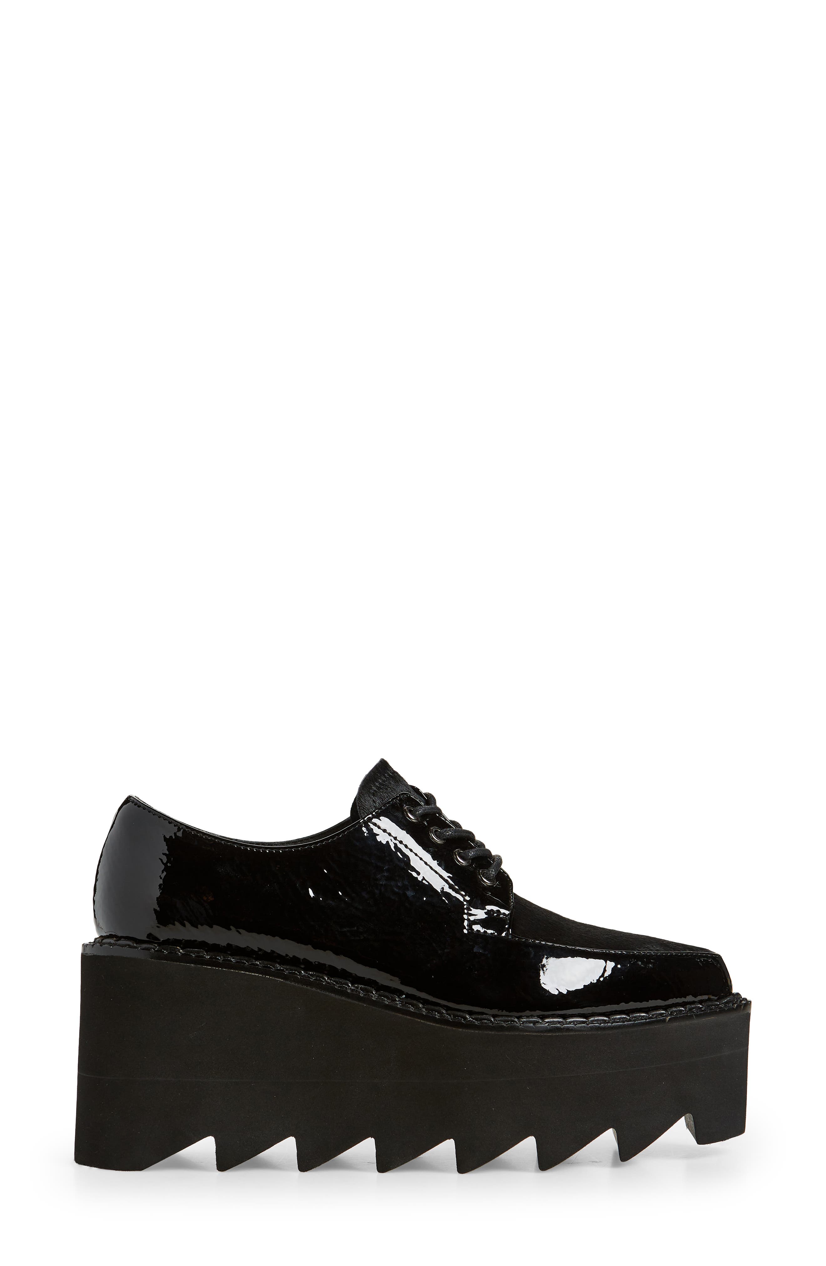 Jeffrey Campbell Leather & Genuine Calf Hair Wedge Platform Derby, Alternate, color, Black Patent/ Black Calf Hair