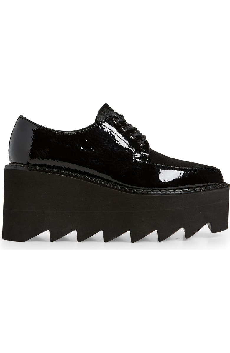 Jeffrey Campbell Leather & Genuine Calf Hair Wedge Platform Derby, Alternate, color, Black Patent/ Black Calf Hair