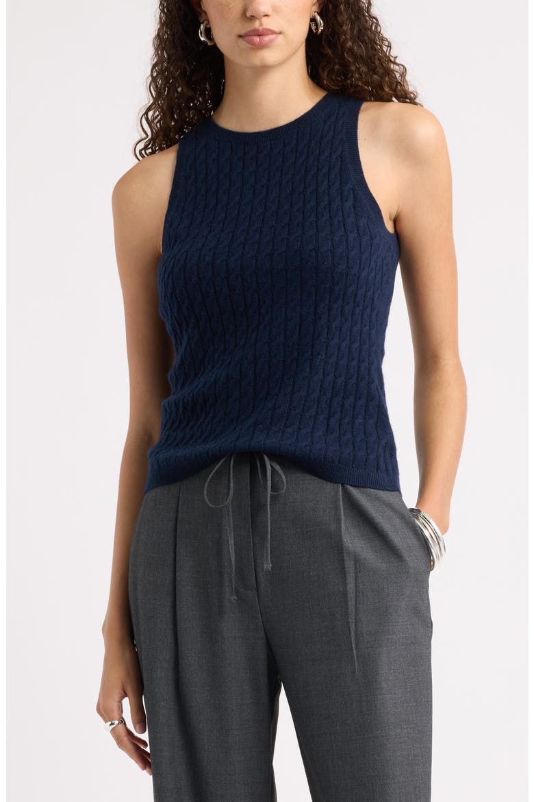 Cable Knit Cashmere Sweater Tank, Main, color, NAVY NIGHT