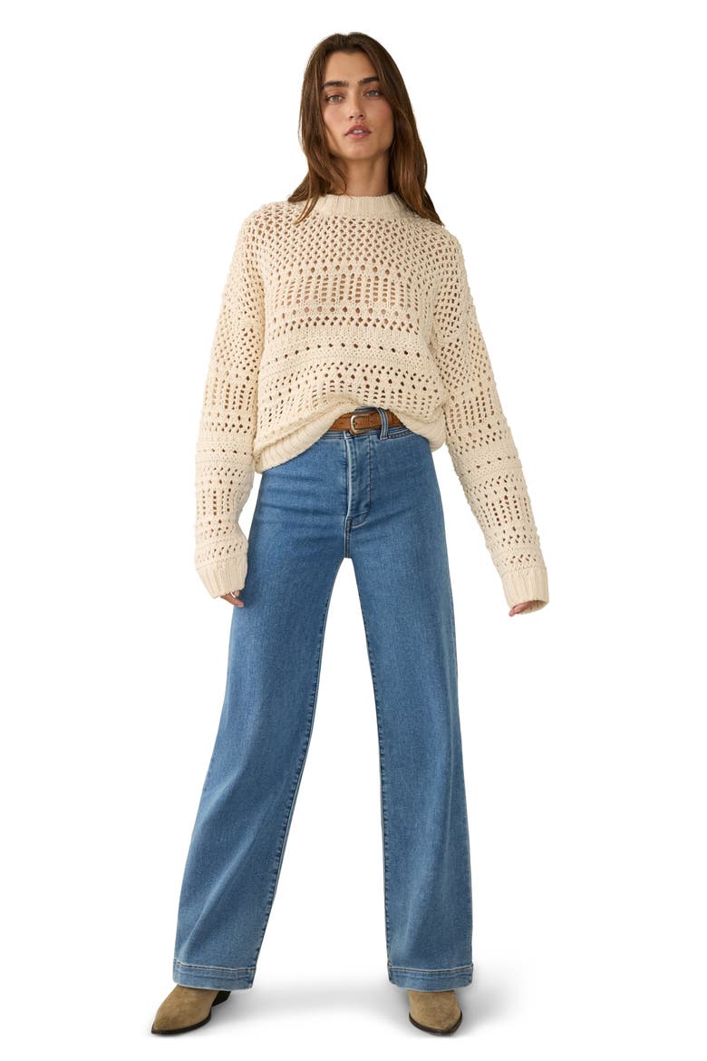 Whitecap Open Stitch Cotton Crewneck Sweater, Alternate, color, CREAM