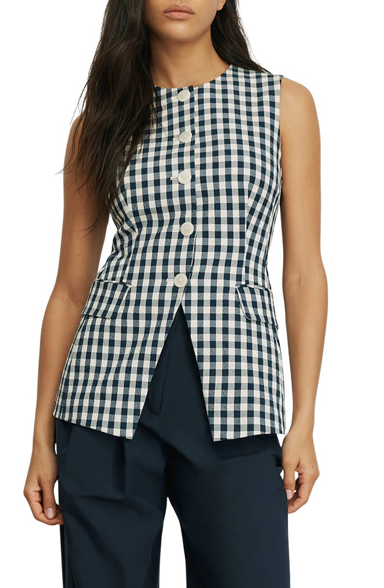 Veronica Beard Lois Stretch Cotton Gingham Vest, Main, color, Navy/ Dove