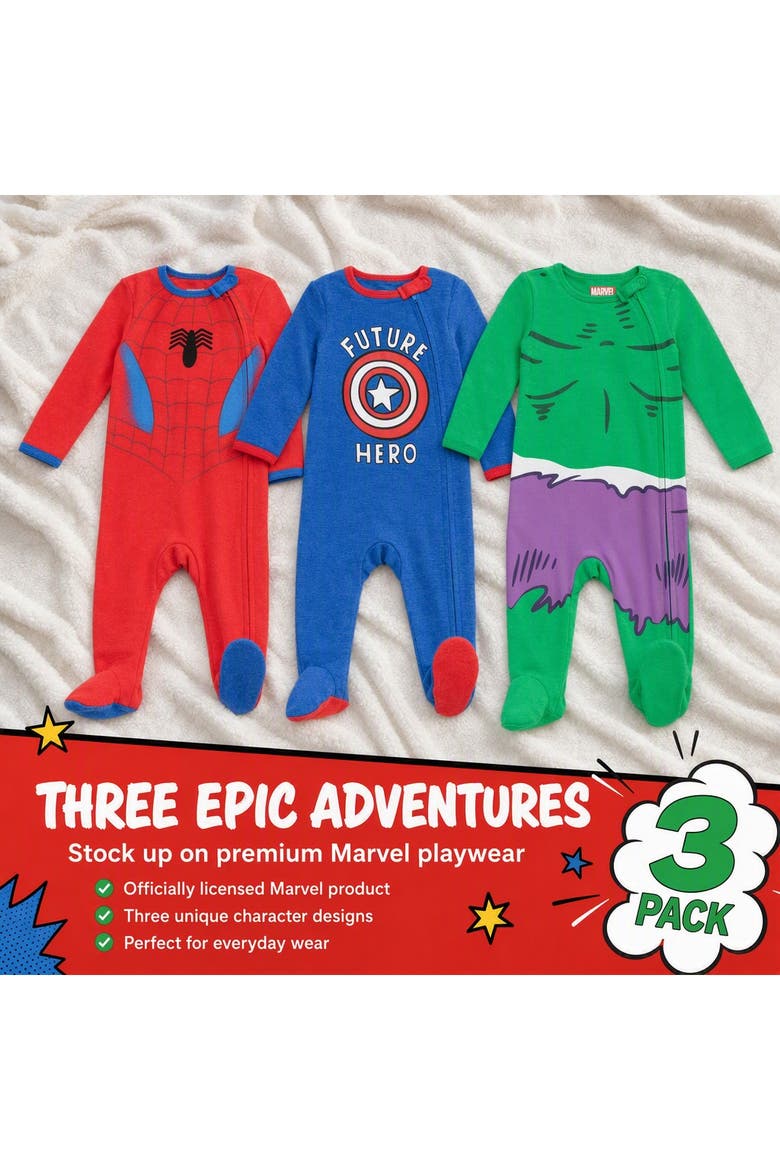 Avengers 3-pack Footed Sleep N' Play (baby), Alternate, color, Marvel Comics Multi