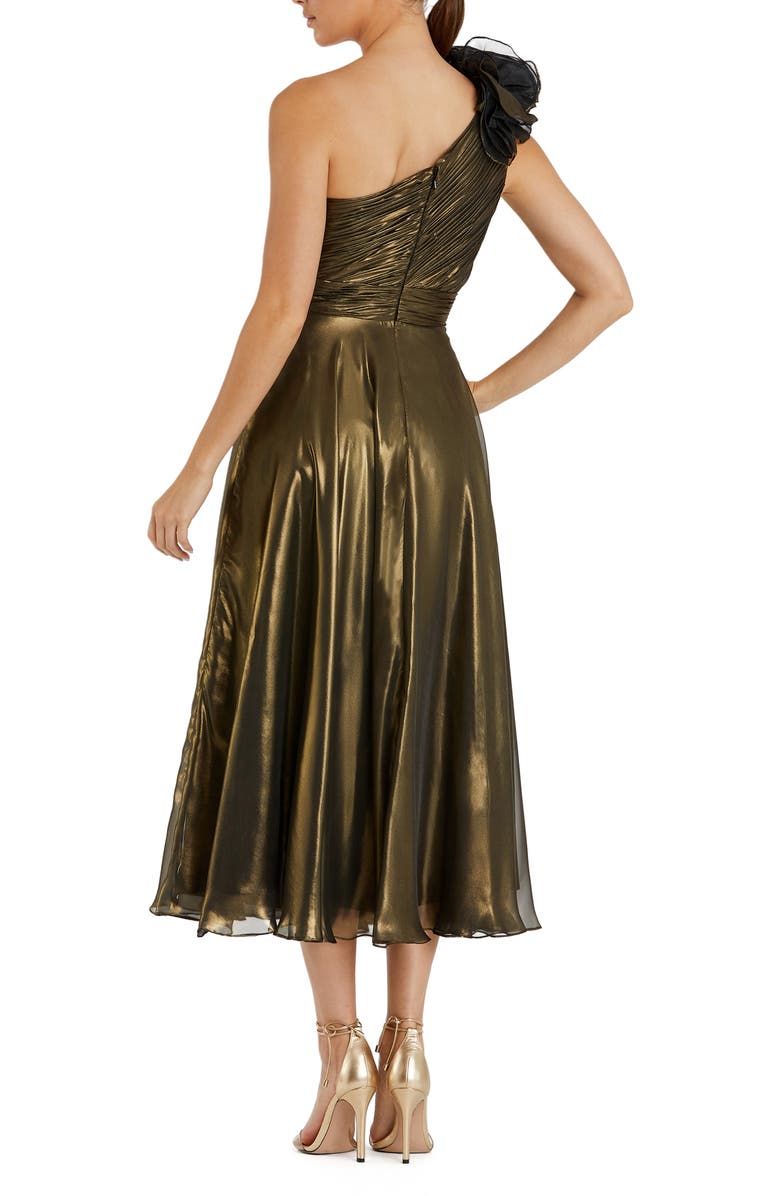 Mac Duggal Rosette One Shoulder Tea Length Dress, Alternate, color, Antique Gold