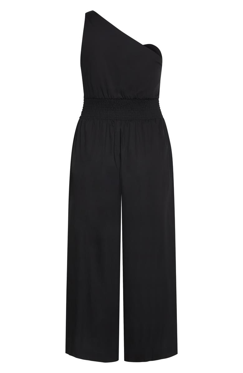 City Chic Rebecca One-Shoulder Cotton Jumpsuit, Alternate, color, Black