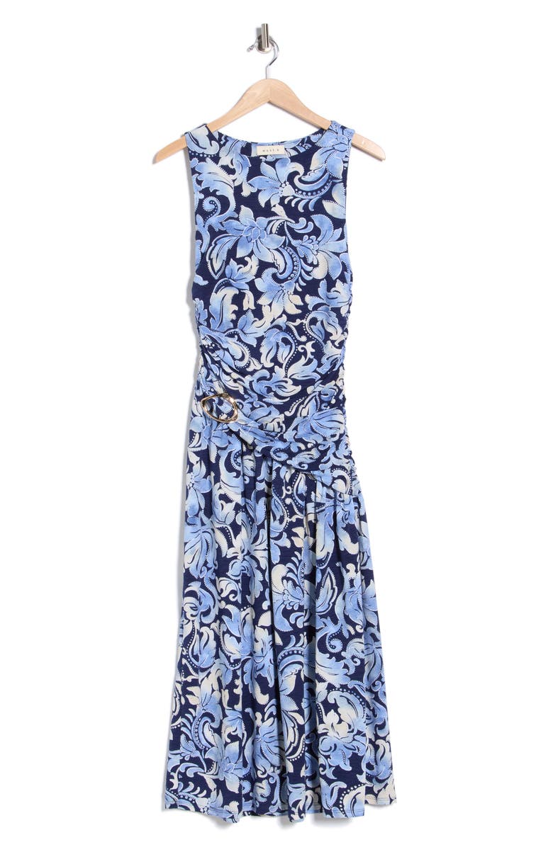 WEST K Ruched Ring Midi Dress, Alternate, color, Blue/White Floral