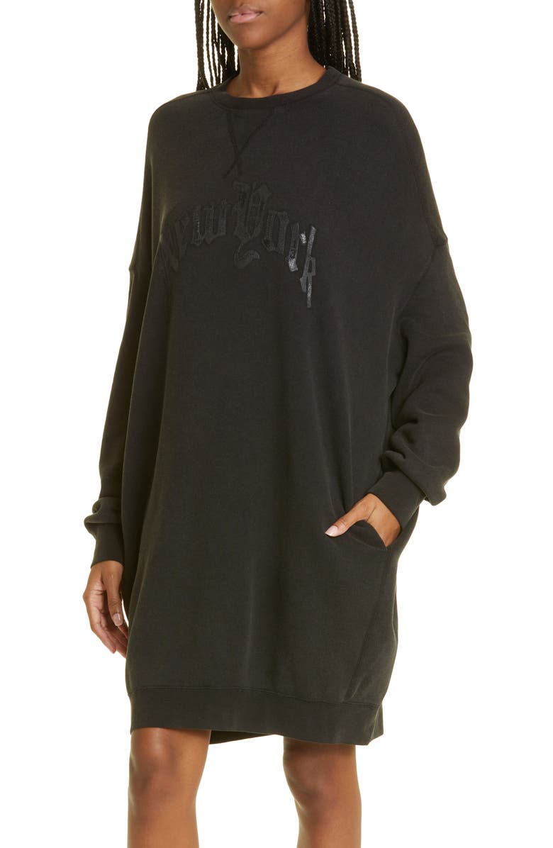 R13 Gender Inclusive Grunge Blackout Logo Graphic Sweatshirt Dress, Alternate, color, 