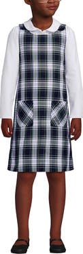 Lands' End Girls Plaid Button Shoulder Patch Pocket Jumper