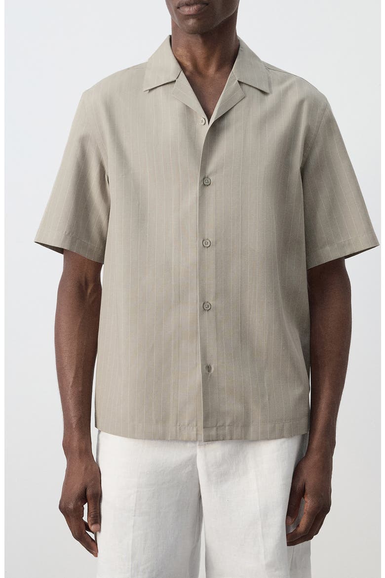 Pinstripe Short Sleeve Woven Shirt, Main, color, MEDIUM BROWN