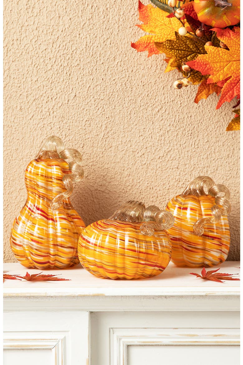 Set of 3 Multi Striped Glass Pumpkin & Gourd, Alternate, color, Orange