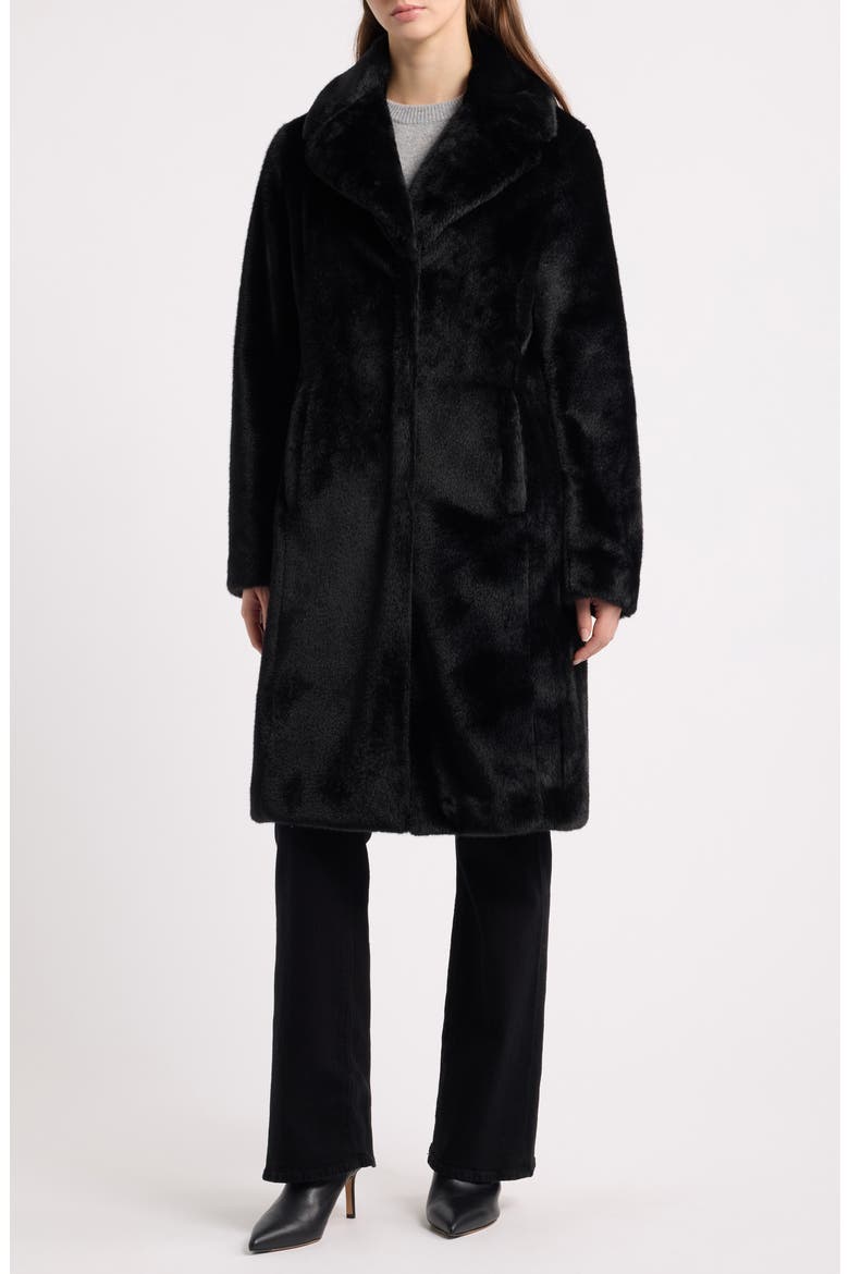 Reefer Faux Fur Longline Coat, Alternate, color, BLACK