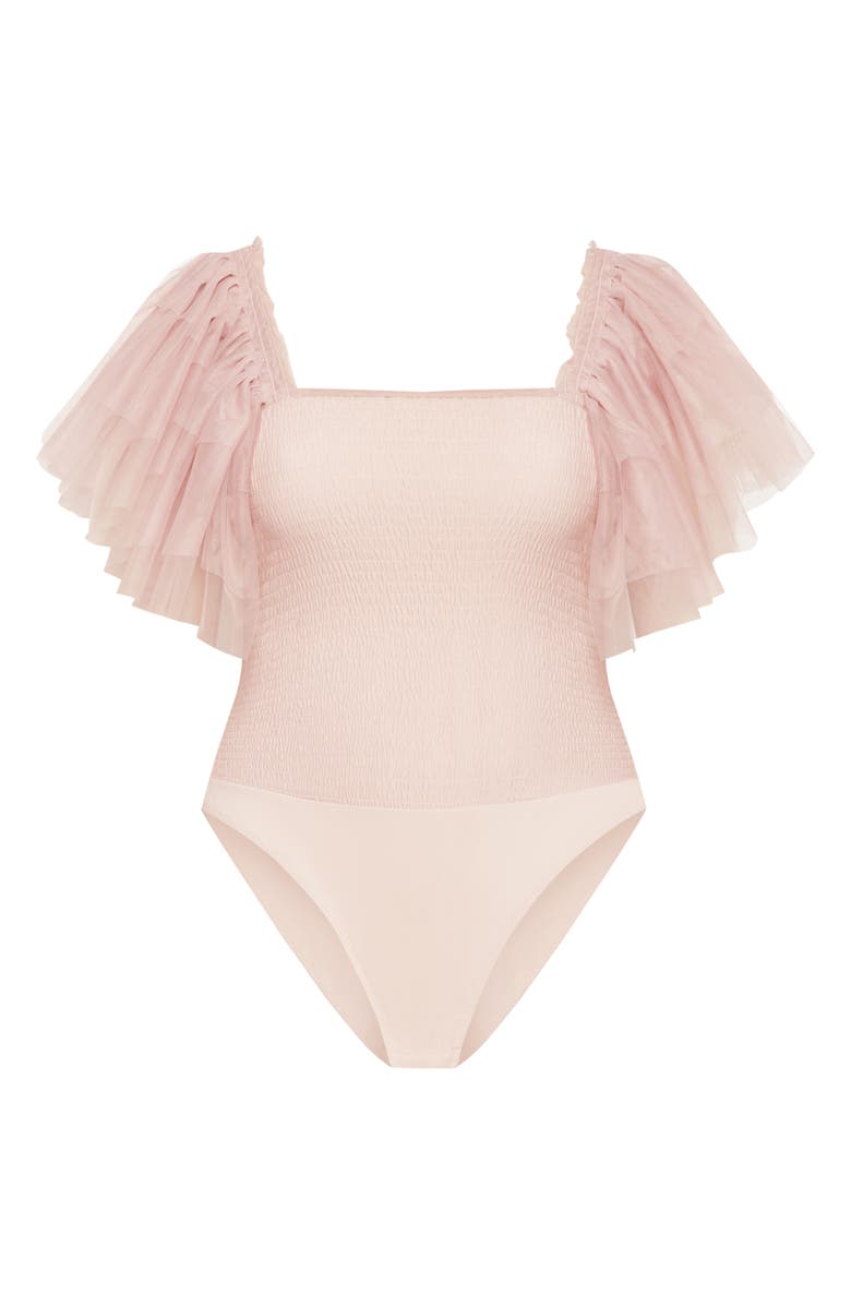 City Chic Azariah Shirred Tulle Sleeve Bodysuit, Alternate, color, Dusty Pink