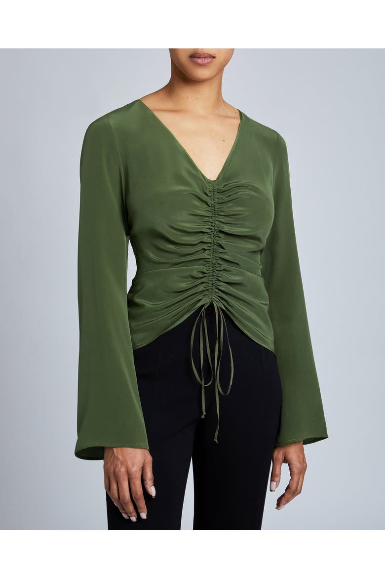 RAVELA Bell Sleeve Silk Blouse with Front Center Drawstring, Alternate, color, MOSS
