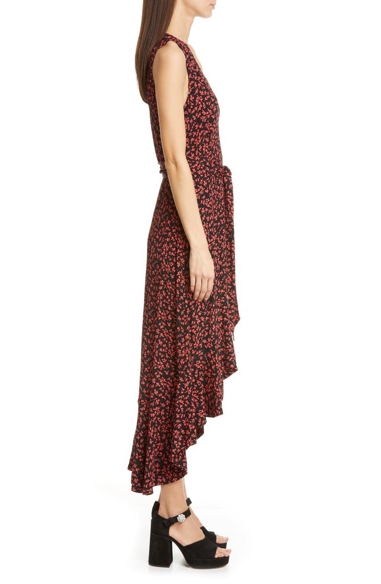 Ganni Floral Logo Print High/Low Wrap Dress, Alternate, color, 