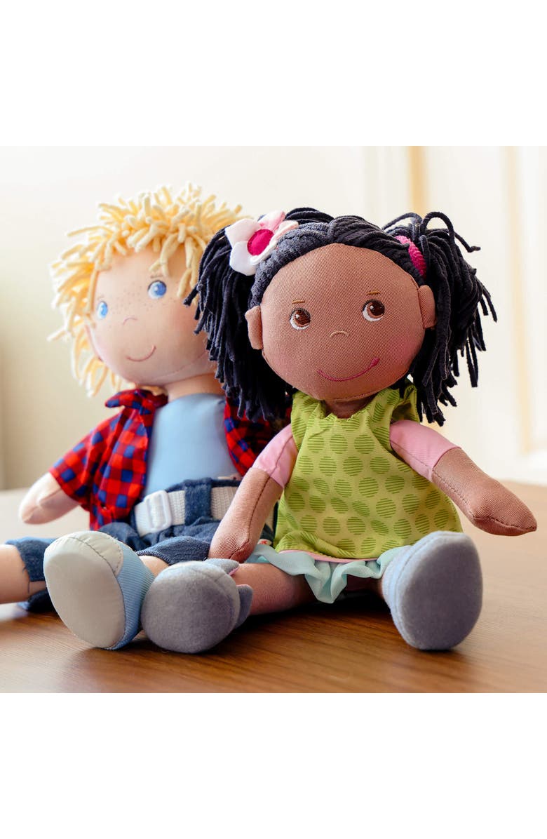 HABA Cari 12" Black Baby Doll with Black Pigtails, Embroidered Face, Removable Green Dress, Machine Washable Soft Baby Doll - 18 Months+, Alternate, color, Green Multi