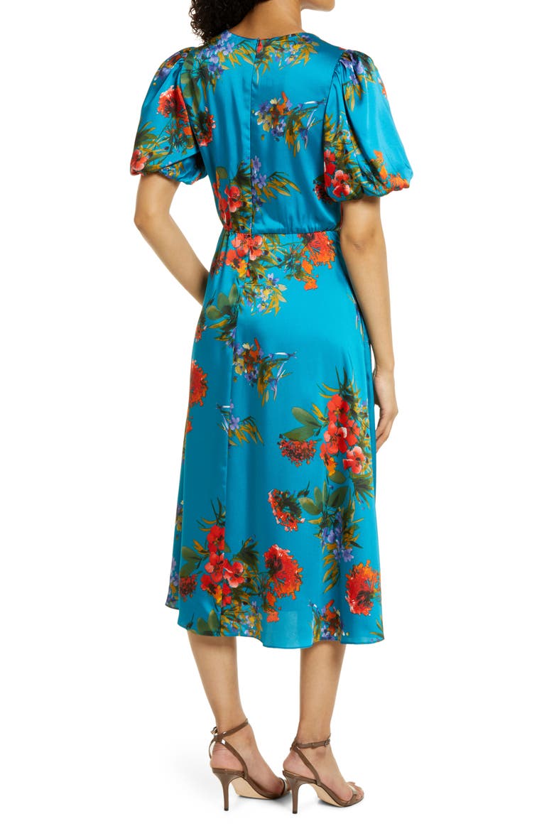 Floral Tie Waist A-Line Midi Dress, Alternate, color, TEAL MULTI