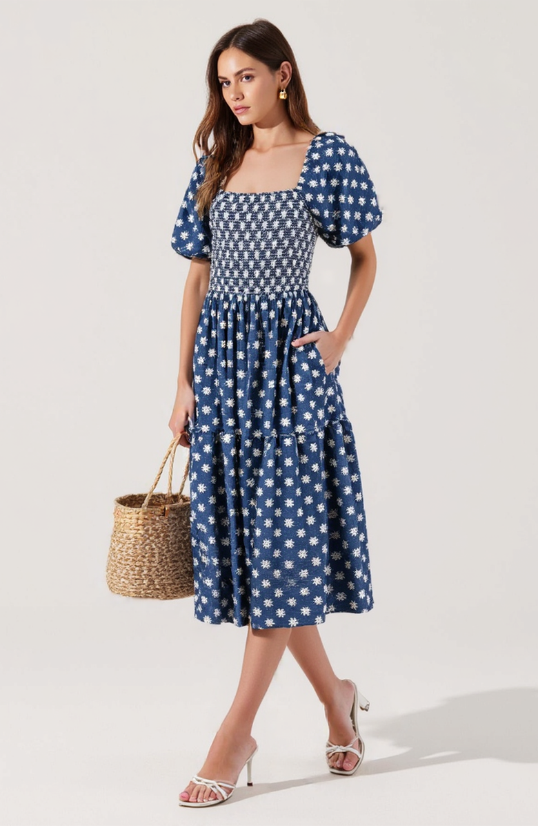 Modenaire Smocked Puff-Sleeve Midi Dress with Tiered Skirt and Pockets, Alternate, color, Blue / White Floral