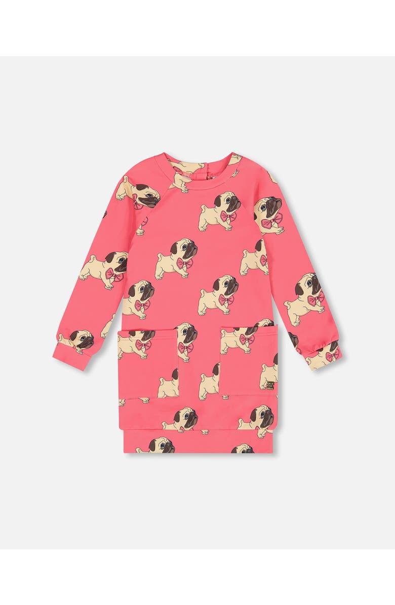 Deux par Deux Little Girl's Long Sleeve Fleece Dress With Pocket Magenta Printed Pug, Main, color,