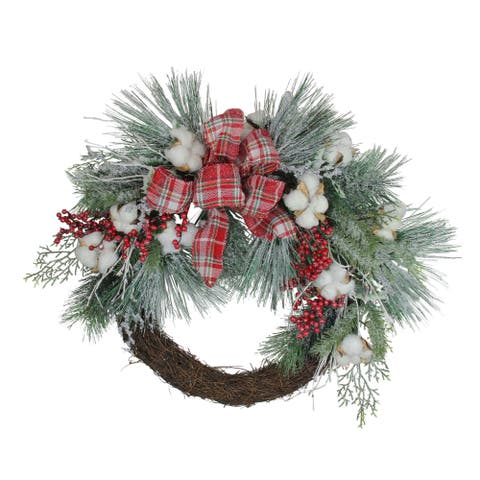 Real Touch️ Iced Mixed Pine And Holly Berry Artificial Christmas Wreath - 24" - Unlit