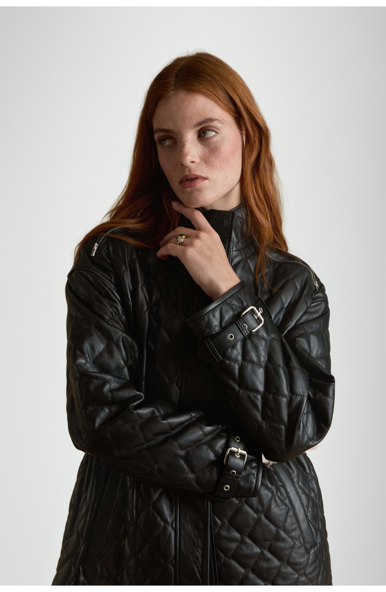 Furniq UK Nora Leather Coat, Alternate, color, Black