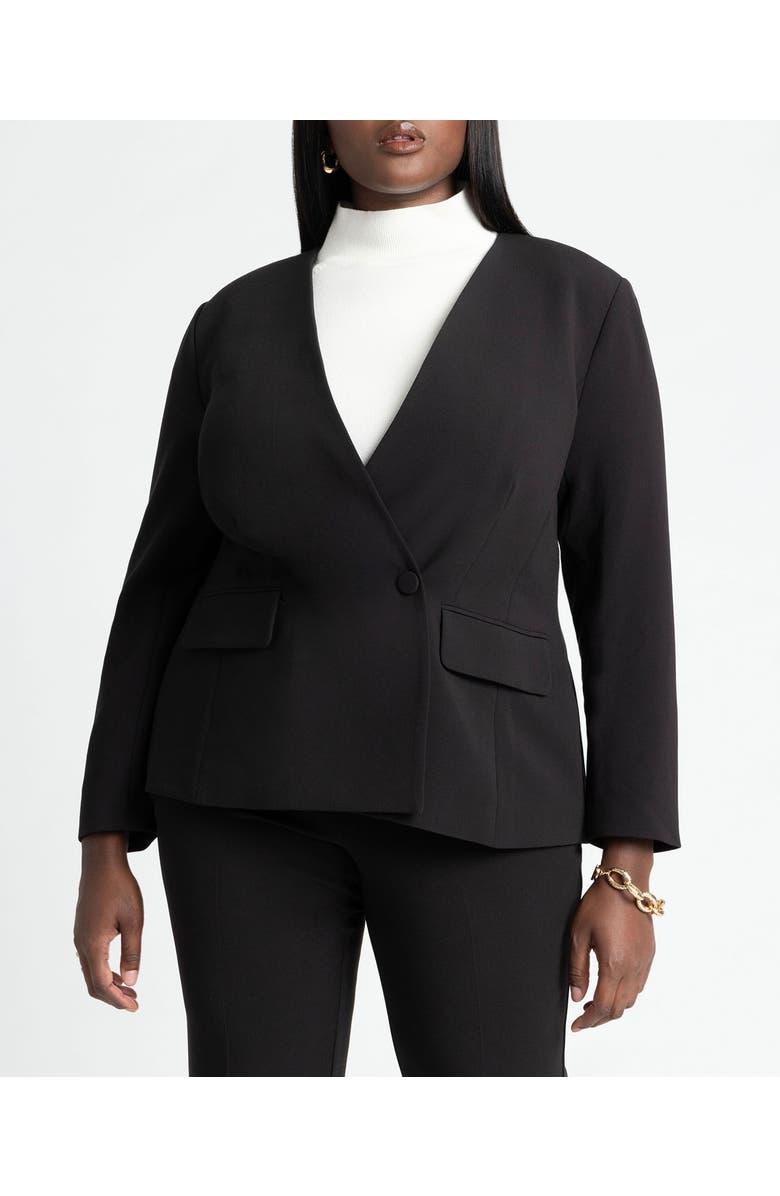 ELOQUII The 365 Semi Stretch Double Breast Collarless Blazer, Main, color, Black Onyx
