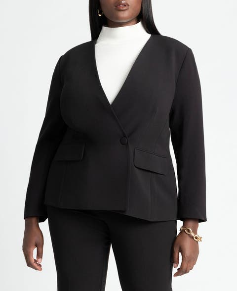 The 365 Semi Stretch Double Breast Collarless Blazer (Plus)