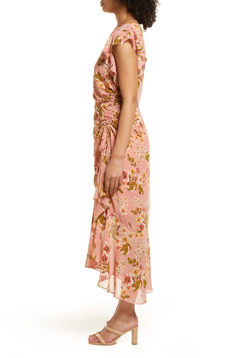 Floral Print Flutter Sleeve Midi Dress, Alternate, color, BLUSH MULTI