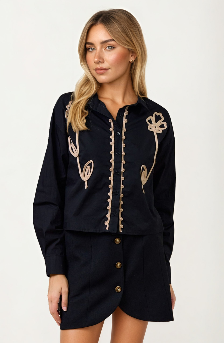 Knit and Lounge Embroidered Long Sleeve Button Front Blouse, Alternate, color,