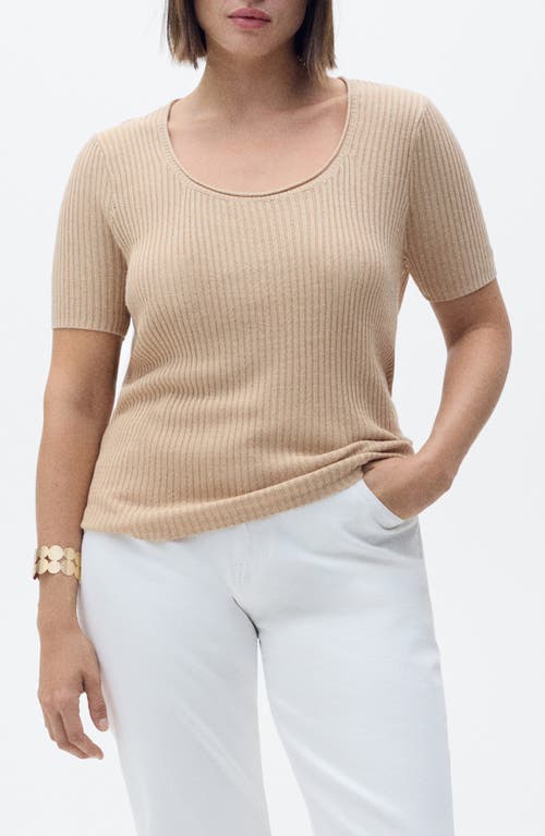 Mango Scoop Neck Short Sleeve Rib Sweater In Brown