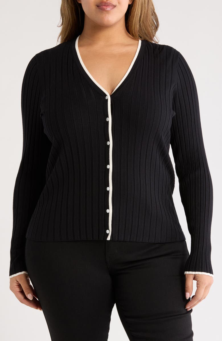 NORDSTROM RACK Tipped V-Neck Ribbed Cardigan, Main, color, Black- Ivory Tipping