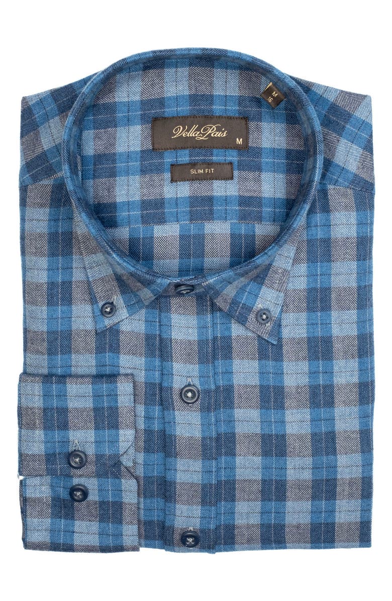 VELLAPAIS Plaid Brushed Cotton Slim Fit Button Down Shirt, Alternate, color, Blue