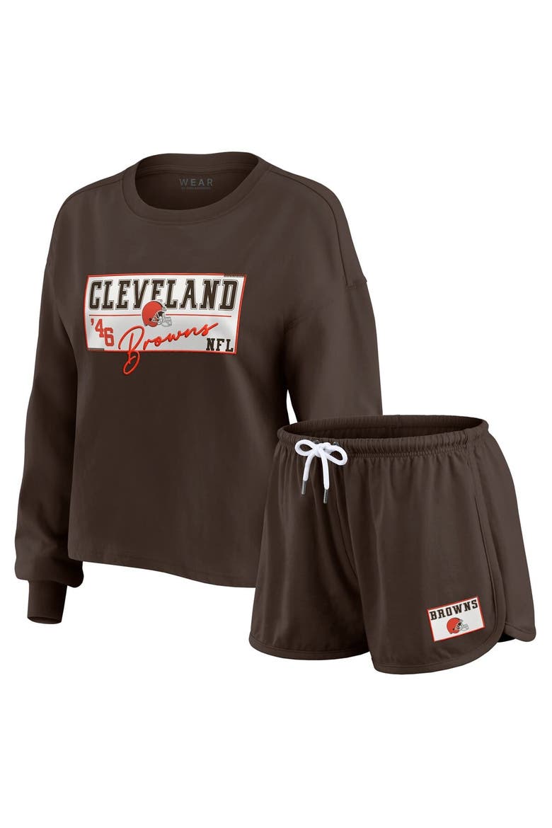 Women's WEAR by Erin Andrews Brown Cleveland Browns Heavy Rugby Jersey Long Sleeve T-Shirt & Shorts Lounge Set, Main, color, Brown
