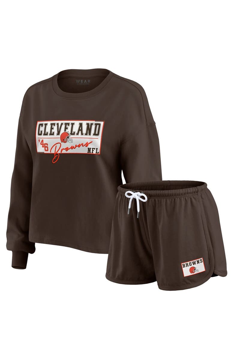 WEAR by Erin Andrews Women's WEAR by Erin Andrews Brown Cleveland Browns Heavy Rugby Jersey Long Sleeve T-Shirt & Shorts Lounge Set, Main, color, Brown