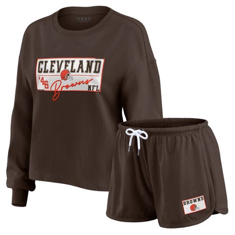 Women's WEAR by Erin Andrews Brown Cleveland Browns Heavy Rugby Jersey Long Sleeve T-Shirt & Shorts Lounge Set