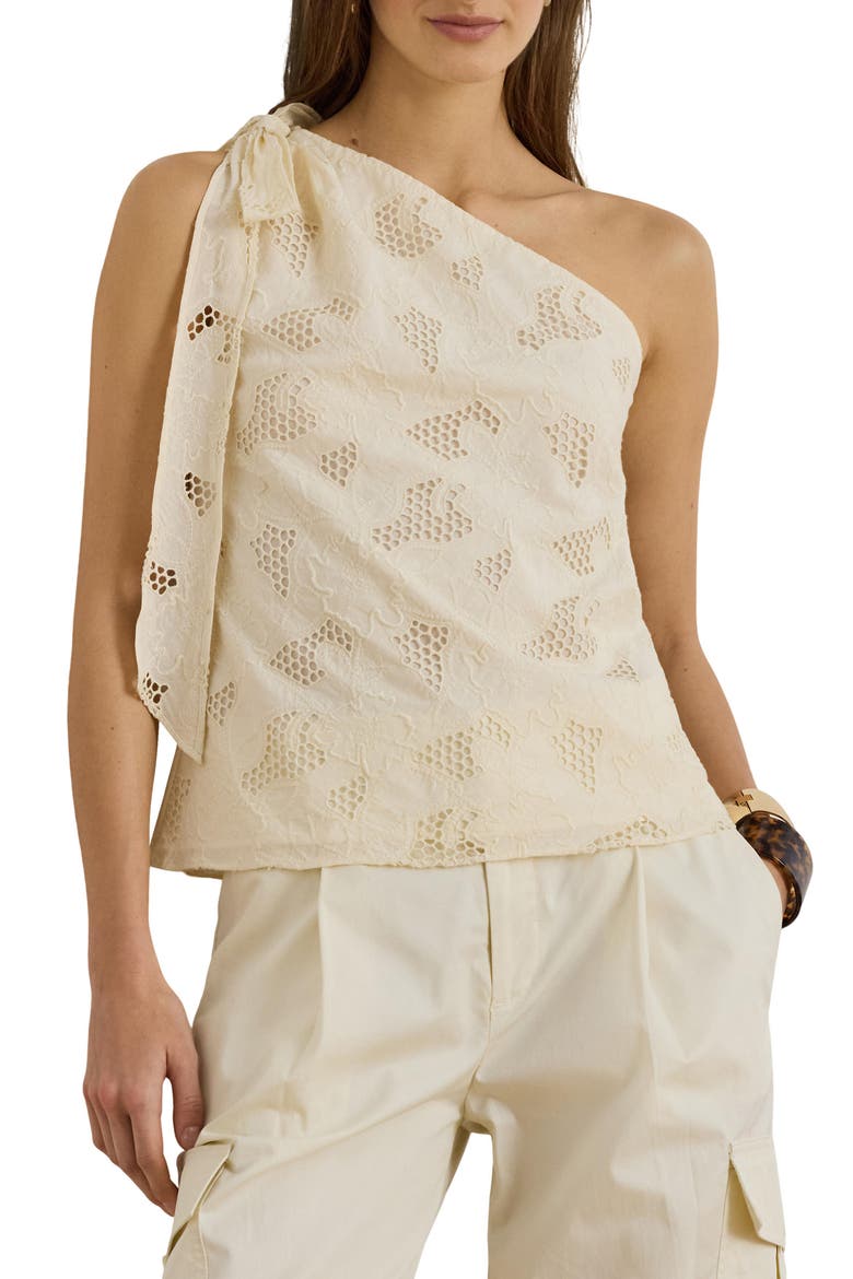 Floral Eyelet Embroidered One Shoulder Cotton Voile Top, Main, color, MASCARPONE CREAM