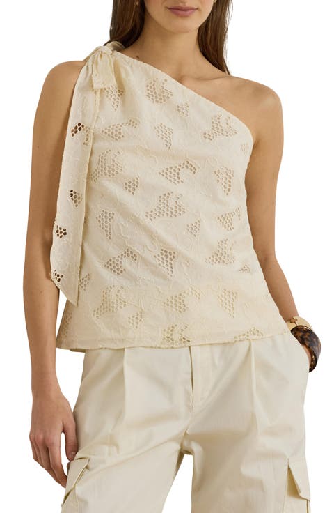Floral Eyelet Embroidered One Shoulder Cotton Voile Top