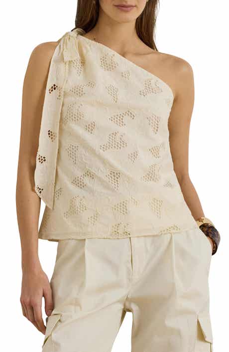 Floral Eyelet Embroidered One Shoulder Cotton Voile Top
