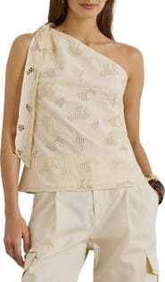 Lauren Ralph Lauren Floral Eyelet Embroidered One Shoulder Cotton Voile Top